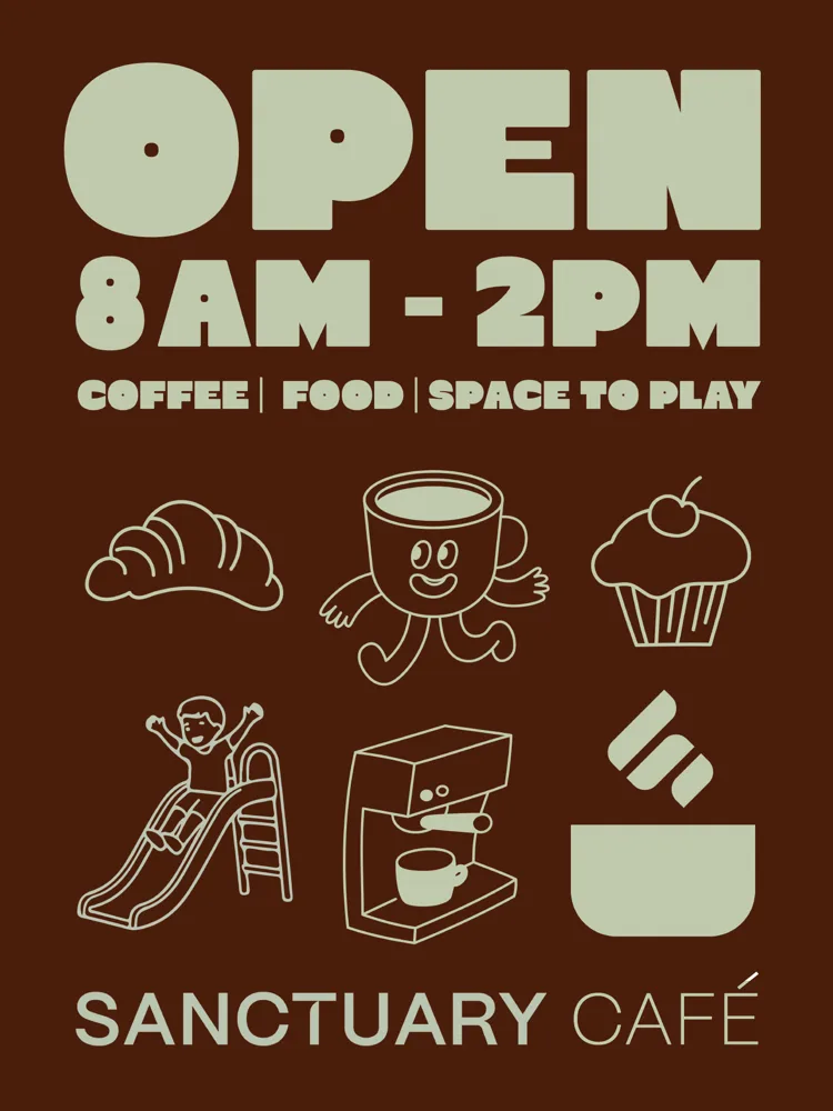 Sanctuary Café A-frame sign, open 8am to 2pm