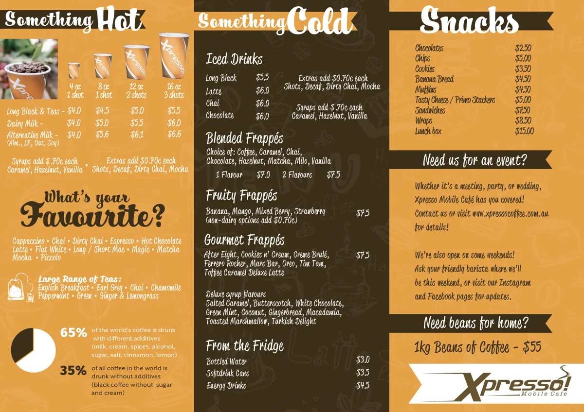 Xpresso Mobile Café tri-fold menu, inside panels with hot drinks, cold drinks and snacks