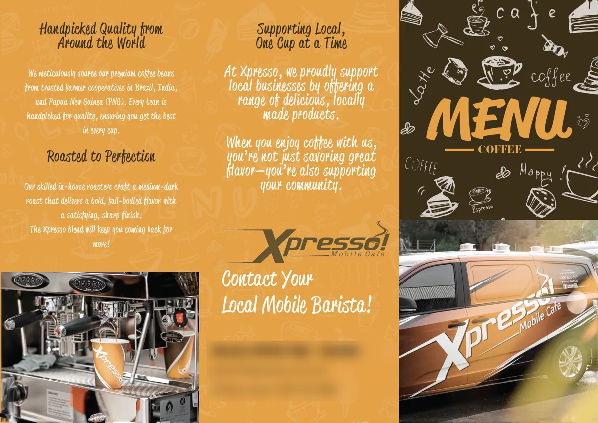 Xpresso Mobile Café tri-fold menu, outside panels